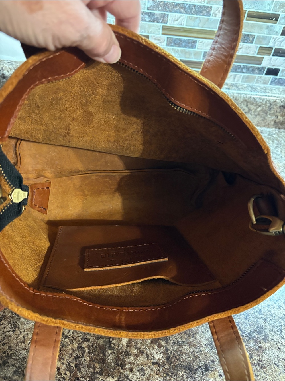 Portland Leather Cognac Brown Leather medium crossbody Tote with zipper - Picture 5 of 5